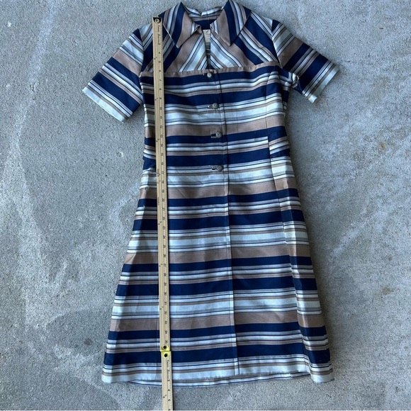 Vintage 70s Striped Mod Dress Handmade A-Line Short Sleeve Navy Tan Retro S/M - Picture 5 of 8